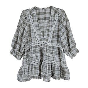 Free People Time Out Lace Shirt Womens Ivory Gray Plaid Tiered Boho Oversized XS
